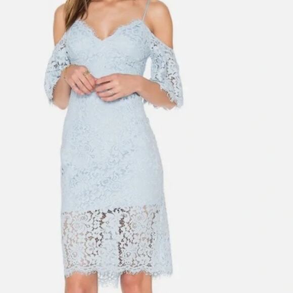 Bardot NWT Baby Blue Lace Off the Shoulder Lined Mini Dress Size 8 - Picture 1 of 13